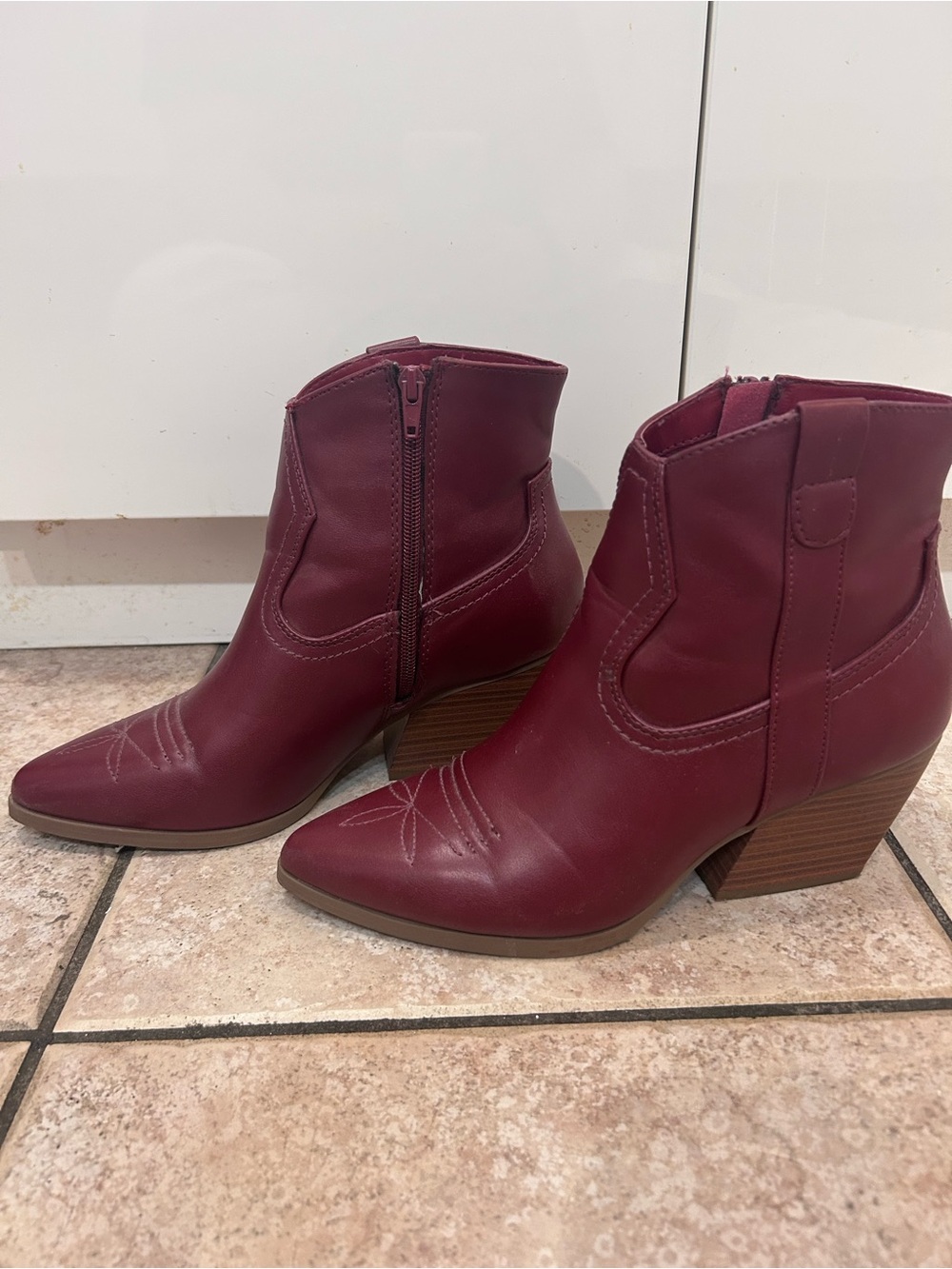 Burgundy Pointed Western Ankle Booties